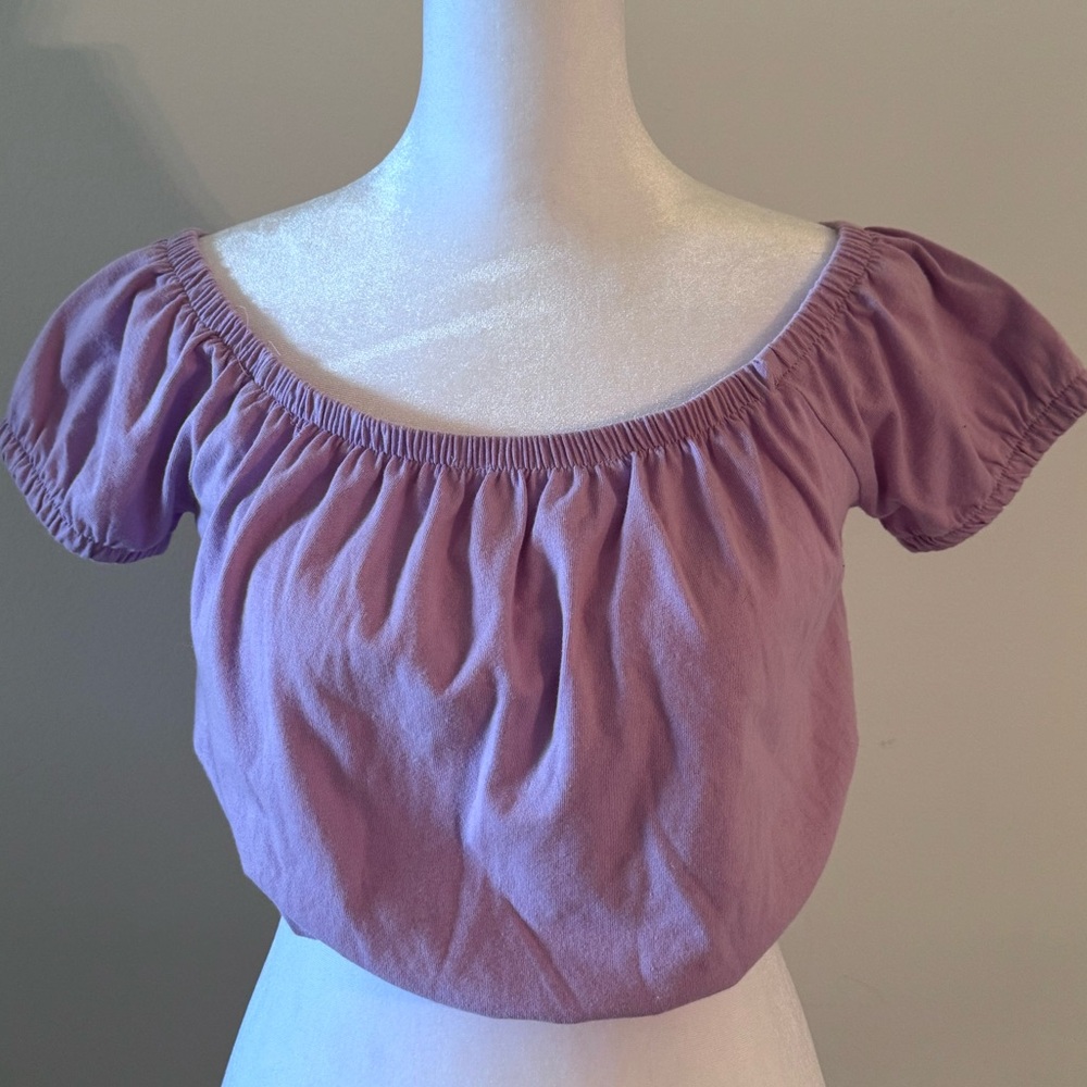 Orchid color Double Zero brand summer gathered off shoulder crop top